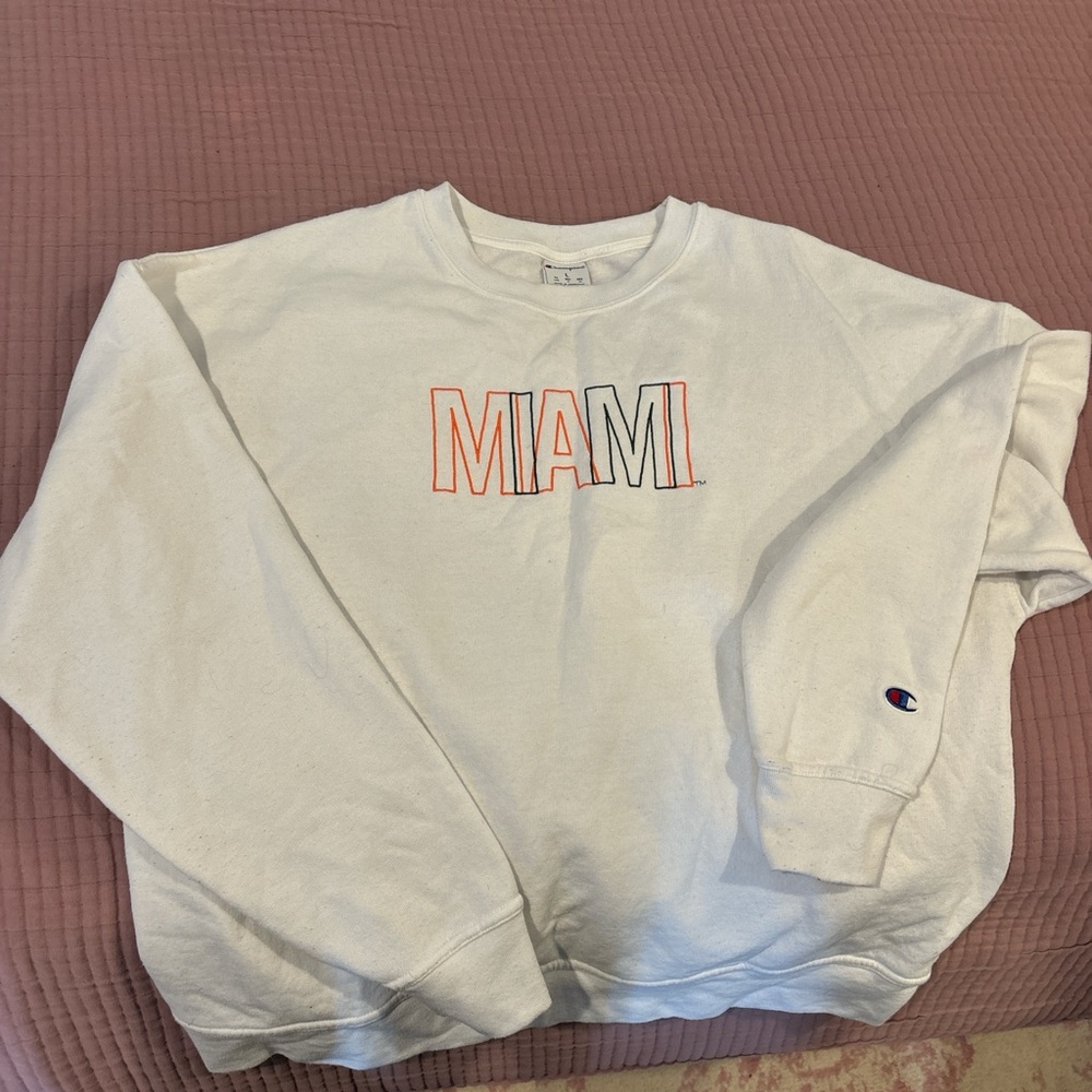 Champion White Crewneck with UMiami Print